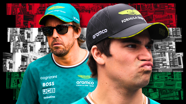 Alonso looking distraught with Stroll pursing his lips, both in green Aston Martin kit with red, white and green Hungarian flag background — Photo: © IMAGO