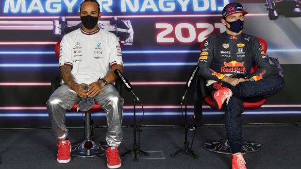 Verstappen and Hamilton during Hungarian GP press conference