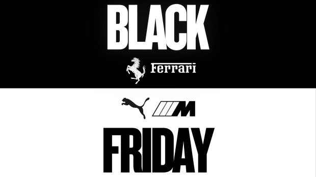 Black and white split colour graphic that reads 'Black Friday' with Ferrari, BMW and Puma logos