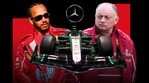Hamilton and Vasseur looking at Mercedes F1 car in concern with red and black background — Photo: © IMAGO