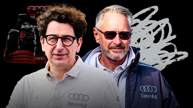 Binotto and Wheatley in Audi F1 adidas kit with F1 car in the background — Photo: © IMAGO