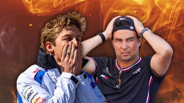 Lawson with his face in his hands next to Perez with his hands on his head. Background image of orange flames. — Photo: © IMAGO
