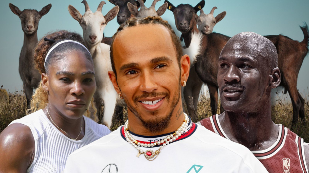 Lewis Hamilton smiles alongside Serena Williams and Michael Jordan with goats in the background