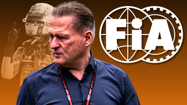 Grumpy Jos Verstappen edited next to a white FIA logo with a black and orange ombre background and a white shadow of Norris celebrating a race win in McLaren race suit