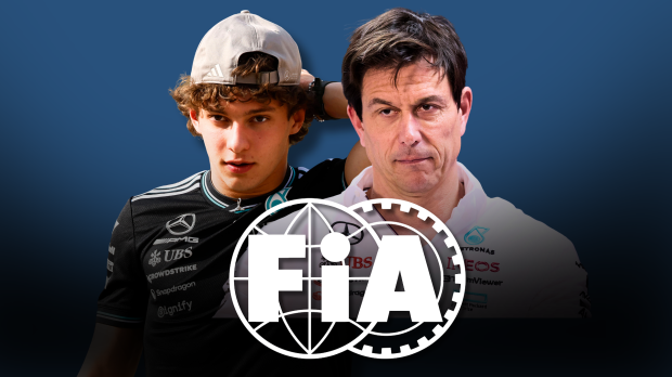 Antonelli and Wolff looking stressed with blue gradient background and small white FIA logo in front of them — Foto: © IMAGO
