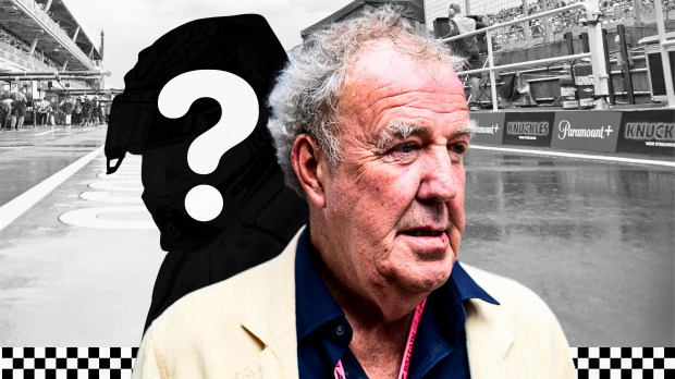 Jeremy Clarkson stands with a driver silhouette behind him 