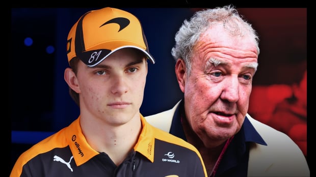 Piastri in McLaren kit looking annoyed next to headshot of Clarkson with straight face. Red, blue and black background — Photo: © IMAGO