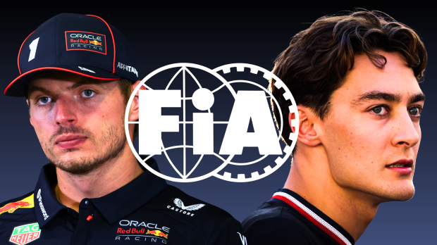 Max Verstappen and George Russell looking serious with a FIA logo in the background