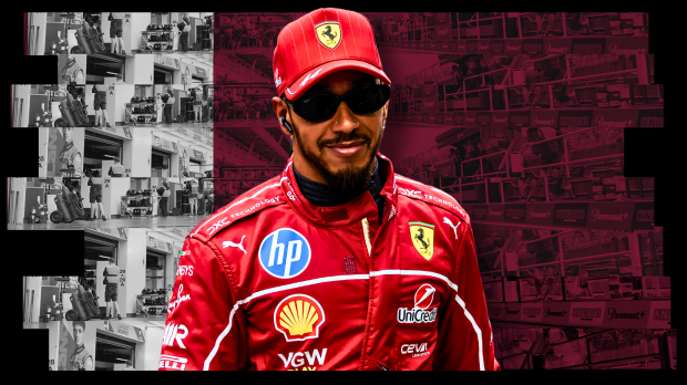 Lewis Hamilton smiling on a background of the Qatar flag