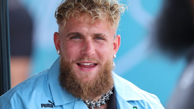 Jake Paul wears a Ferrari shirt at the 2025 Miami Grand Prix