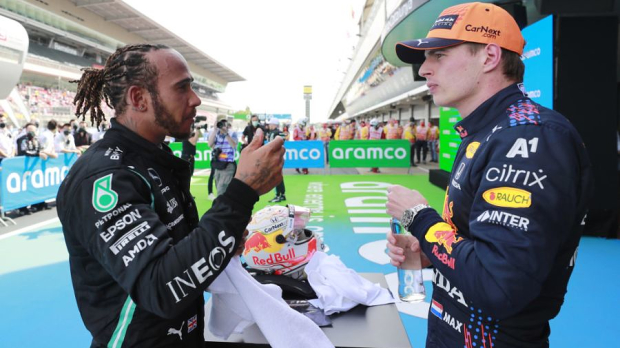 Lewis Hamilton and Max Verstappen after the Spanish Grand Prix