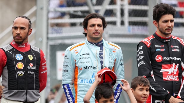Hamilton, Sainz and Ocon stood side by side during national anthem at 2025 Brazilian GP