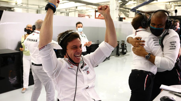 Toto Wolff celebrating after Lewis Hamilton's Bahrain victory