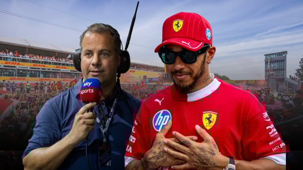 Lewis Hamilton looking grateful and Ted Kravitz appearing alarmed edited together on a background of the tifosi at Monza