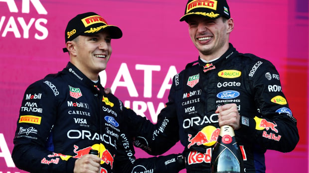 Verstappen and Hadjar on podium in Azerbaijan — Foto: © Red Bull Content Pool