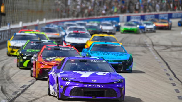 An image of Denny Hamlin leading a NASCAR Cup race at Texas Motor Speedway