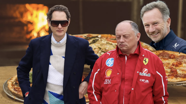 John Elkann, Christian Horner, Fred Vasseur in front of a pizza