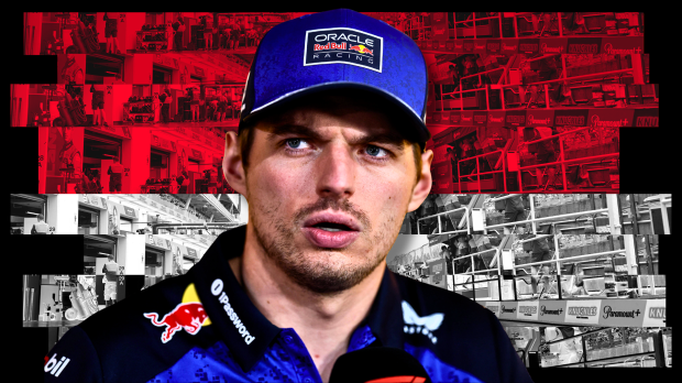 Confused Verstappen in Red Bull tee and hat with red and white Monaco flag background — Foto: © IMAGO