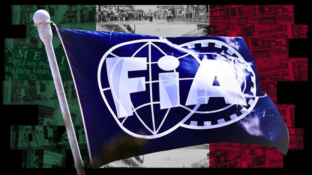 The blue FIA flag edited over a paddock-themed background in the Mexican flag colours