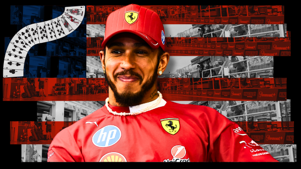 Happy Hamilton in Ferrari F1 kit in front of USA-themed Vegas flag