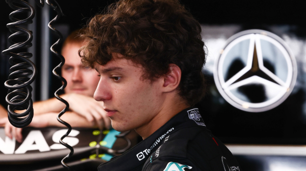 Antonelli looking downcast in the Mercedes F1 garage