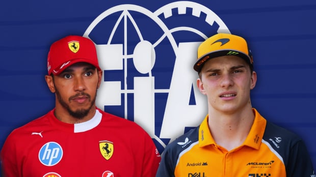Hamilton and Piastri in front of an FIA logo