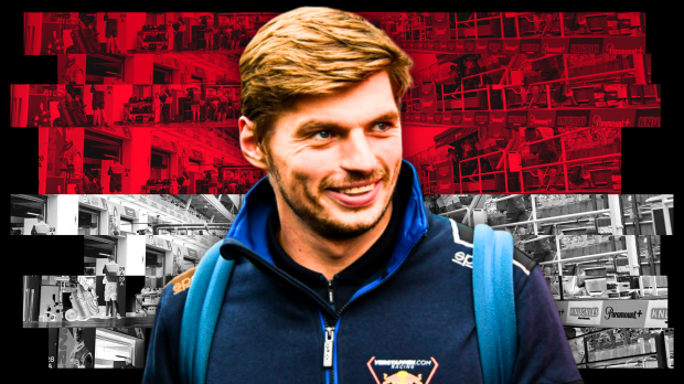 Verstappen smiling in Verstappen Racing hoodie with red and white Monaco background — Foto: © IMAGO