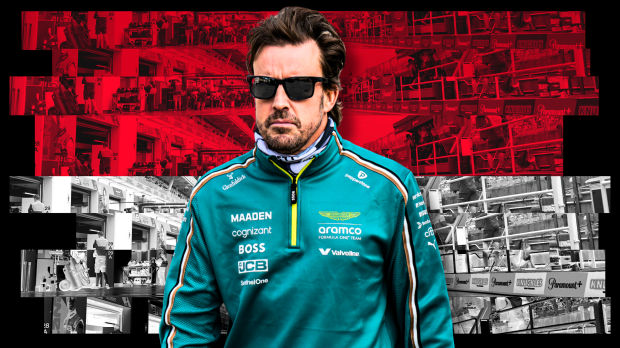 Alonso with a straight face in Aston Martin green with red and white Monaco background — Photo: © IMAGO