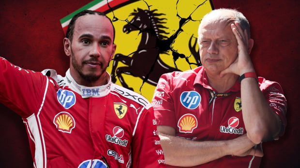 Lewis Hamilton and Fred Vasseur are split by a cracked Ferrari badge in a composite — Photo: © IMAGO