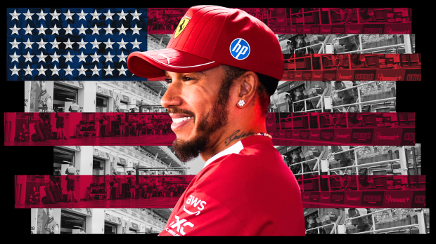 Lewis Hamilton smiling and looking happy on an edit of the US flag in the background