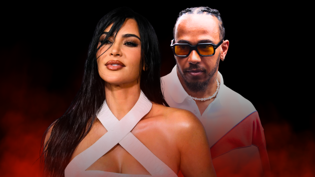 Kim Kardashian in full glam alongside headshot of Hamilton in orange-tinted glasses and red and white pullover. Black background with red smoke rising from the bottom of image. — Photo: © IMAGO