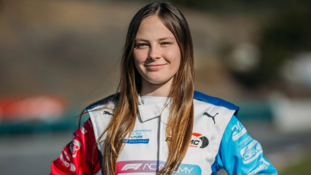 Chiara Baettig in an F1 Academy sponsored race suit via Instagram: @chiarabaettig