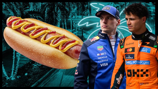 Max Verstappen and Lando Norris look concerned as they glance over at a superimposed giant hot dog — Photo: © IMAGO