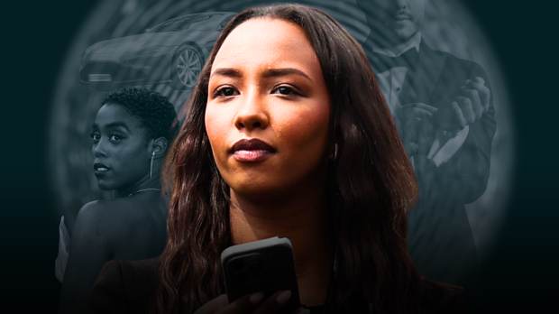 Naomi Schiff edited onto a background that looks like a James Bond title sequence, featuring Lashana Lynch, an Aston Martin and a man in a tux — Photo: © IMAGO