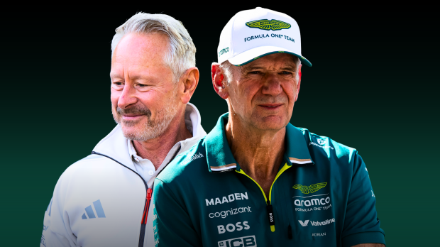 Wheatley in Audi F1 jacket edited next to Newey in Aston Martin kit with a racing green background — Foto: © IMAGO