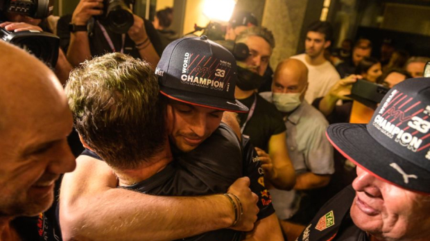 Christian Horner hugging with Max Verstappen