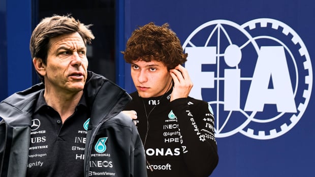 Wolff and Antonelli in separate pictures looking serious with white FIA logo on blue building in background — Photo: © IMAGO