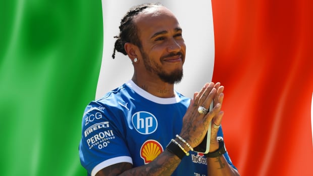 Lewis Hamilton has his hands in a prayer position with an Italian flag background