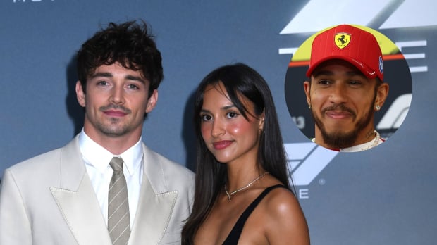 Charles Leclerc stands with Alexandra Saint Mleux at the F1 movie premiere with an inset featuring Lewis Hamilton