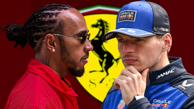Lewis Hamilton and Max Verstappen look across at each other with a Ferrari badge in the background — Photo: © IMAGO