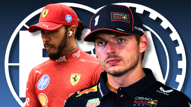 Lewis Hamilton and Max Verstappen are seen in a composite in front of an FIA logo
