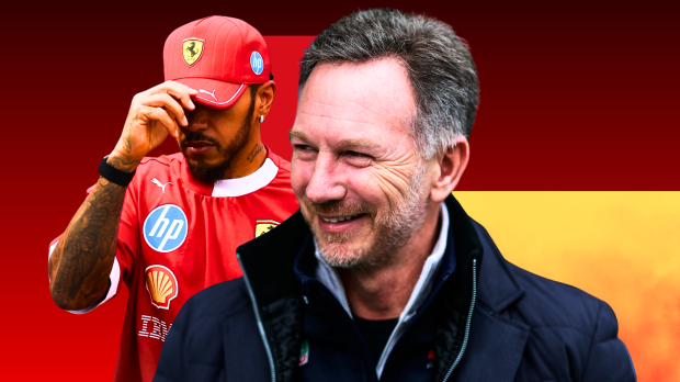 Lewis Hamilton hides his face as Christian Horner smiles in front of a Ferrari themed background