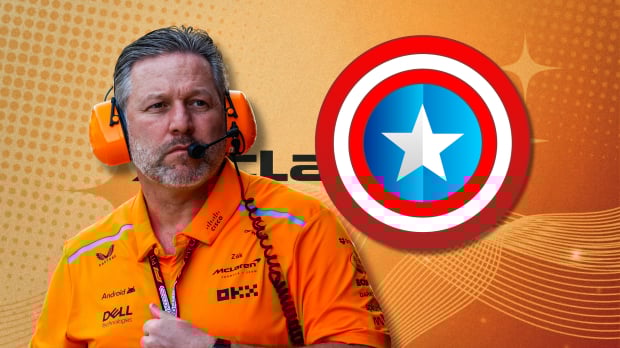 Zak Brown is pictured in a composite with a Captain America symbol