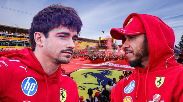 Leclerc and Hamilton in front of Monza 2023 crowd
