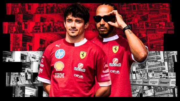 Leclerc smiling next to Hamilton looking serious with sunglasses on in front of Monaco red and white background — Photo: © IMAGO
