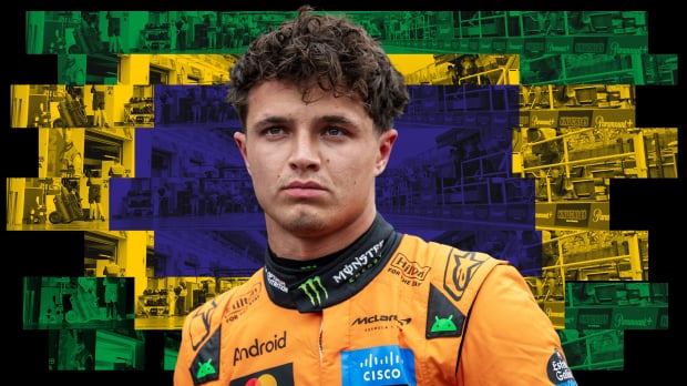 Lando Norris is pictured in front of a composite of a Brazilian flag