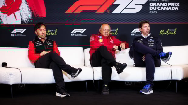 Ayao Komatsu, James Vowles and Fred Vasseur in an FIA press conference