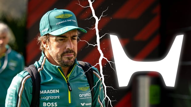 Fernando Alonso and a Honda logo are split by a crack in the picture