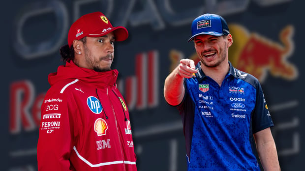 Max Verstappen smiles as he points a finger towards Lewis Hamilton in a composite image — Photo: © IMAGO