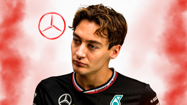 Russell in Mercedes F1 kit looking confused with a red Mercedes logo behind him and a background on theme of the Canadian flag colours — Photo: © IMAGO